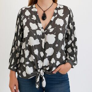 Lane Bryant Womens 18/20 Black White Floral Sheer Blouse 3/4 Sleeve Tie Front